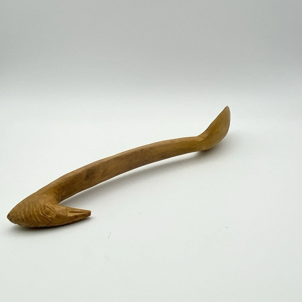 Vintage Primitive Wooden Spoon Hand Carved Detailed Curved Handle For Hanging‎